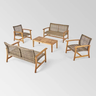 Hampton 5pc Wood & Wicker Loveseat Chat Set - Natural/Gray - Christopher Knight Home