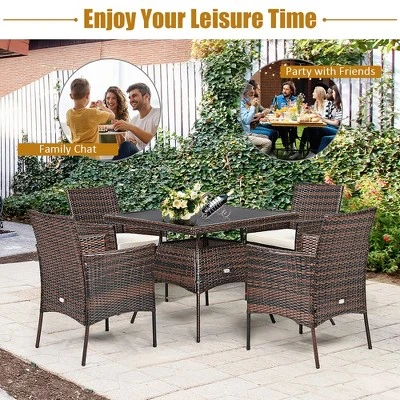 Costway 5PCS Patio Rattan Dining Furniture Set Armrest Sofa Chair Glass Table - Image 3