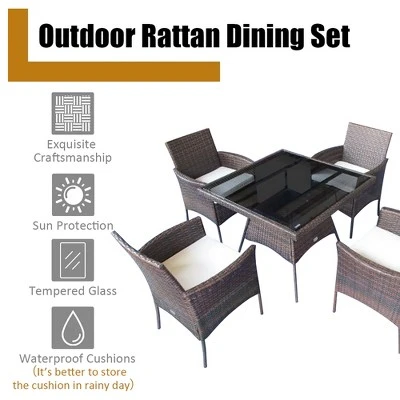 Costway 5PCS Patio Rattan Dining Furniture Set Armrest Sofa Chair Glass Table - Image 4