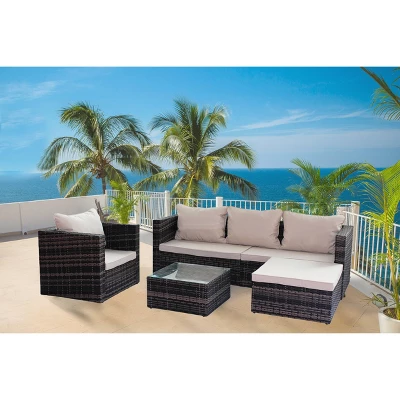 4pc Wicker Patio Sectional Seating Set With Sofa, Arm Chair, Ottoman & Accent Table - Brown/Beige - GODEER - Image 4