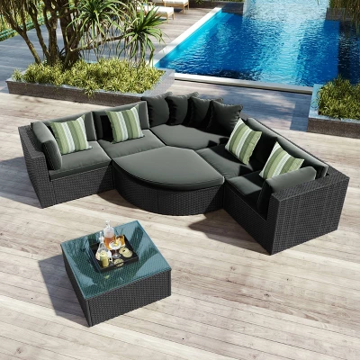 7pc Wicker Patio Seating Set With Cushions & Striped Pillows - Gray - GODEER - Image 2