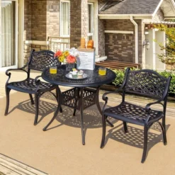 Tangkula 3PCS Cast Aluminum Patio Bistro Set Outdoor Dining Table & Chair Furniture Set