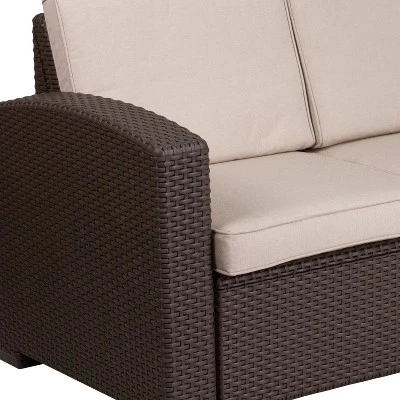 Flash Furniture Chocolate Brown Faux Rattan Loveseat With All-Weather Beige Cushions - Image 5
