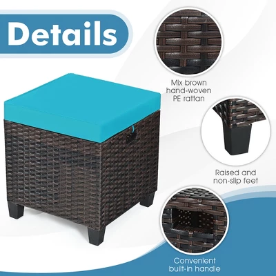 Costway 2PCS Patio Rattan Ottoman Cushioned Seat W/ Foot Rest Turquoise - Image 6