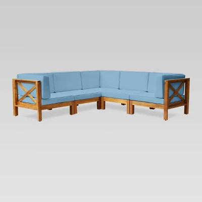 Brava 5pc Acacia Sectional Sofa Set - Teak/Blue - Christopher Knight Home