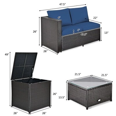 Costway 8PCS Outdoor Patio Rattan Furniture Set Cushioned Loveseat Storage Table Navy - Image 2
