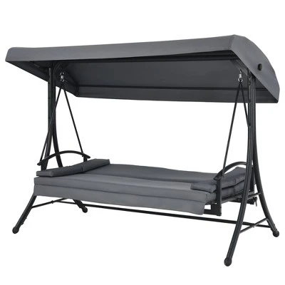 Costway Patio 3-Seat Porch Canopy Swing Converting Grey Cushion Pillow Adjust - Image 9