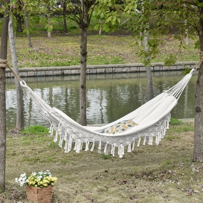 Outsunny Extra Large Boho Hammock With Macrame Tassel Fringe, Includes Carrying Bag, Indoor Outdoor Tree Hammock For Porch, Backyard, Camping, White