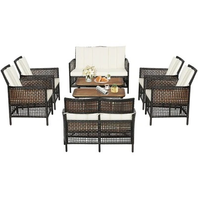 Costway 8PCS Patio Rattan Furniture Set Cushioned Chairs Wood Table Top W/Shelf - Image 2