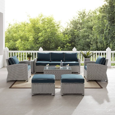 Bradenton 7pc Outdoor Wicker Sofa And Arm Chair Seating Set With Coffee Table, Side Table And 2 Ottomans - Navy/Gray - Crosley - Image 2