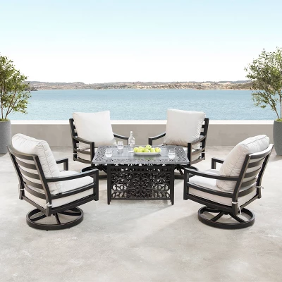 5pc Outdoor Dining Set With 48" Rectangle Fire Table & Deep Seating Swivel Rocking Chairs, Wind Blocker Lid & Covers - Oakland Living