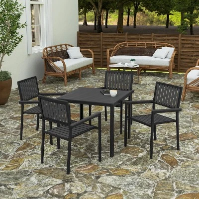 Merrick Lane 5 Piece Indoor/Outdoor Dining Set With Table And Four Chairs With Black Poly Resin Slats - Image 4