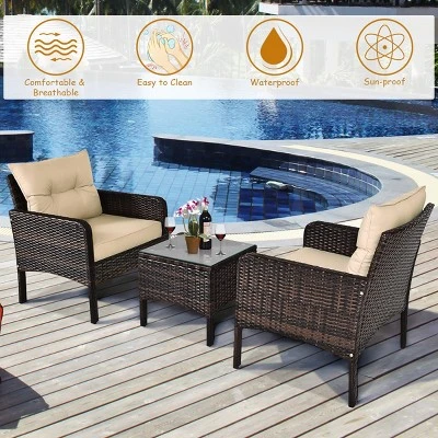 Costway 3PCS Patio Rattan Conversation Set Cushioned Sofa Chair For Garden - Image 4