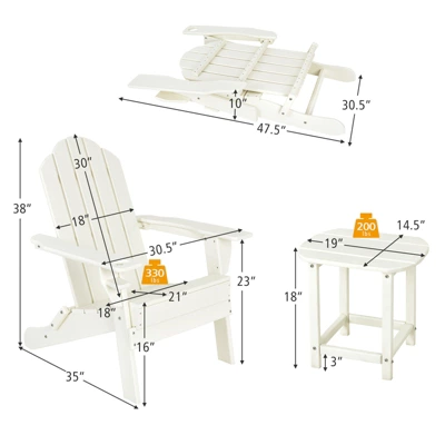 Tangkula Patio 3PCS Adirondack Chair Side Table Set Outdoor Chair Set With End Table Weather Resistant Cup Holder For Backyard Garden White - Image 6