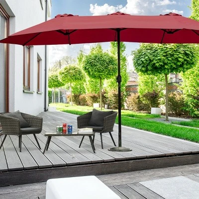 Tangkula 15 Ft Outdoor Patio Umbrella Double-Sided Shade Offset Wine Red - Image 3