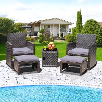 Costway 5PCS Patio Rattan Furniture Set Ottoman Cushioned W/Cover Space Saving Off White/Gray/Red/Turquoise - Image 10