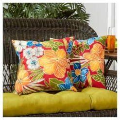 Set Of 2 Aloha Red Floral Outdoor Square Throw Pillows - Kensington Garden