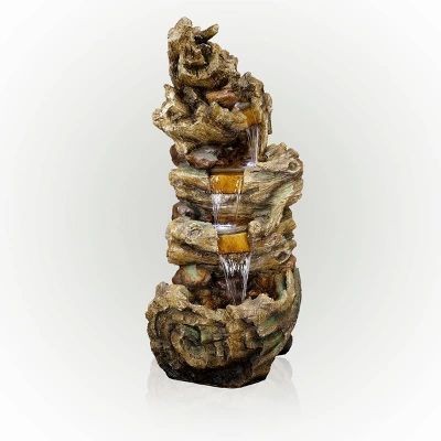 47" Resin Outdoor 5-Tier Tree Trunk Waterfall Floor Fountain With LED Lights Brown - Alpine Corporation - Image 2