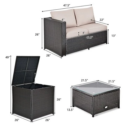 Costway 4PCS Outdoor Patio Rattan Furniture Set Cushioned Loveseat Storage Table - Image 4