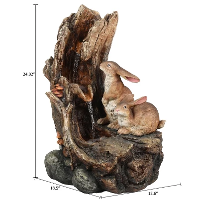 LuxenHome Resin Two Bunnies Tree Stump Outdoor Fountain With LED Lights - Image 8