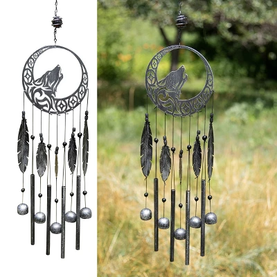 Dawhud Direct 27.5" H Rustic Charcoal Wolf Dreamcatcher Wind Chimes - Outdoor - Image 3